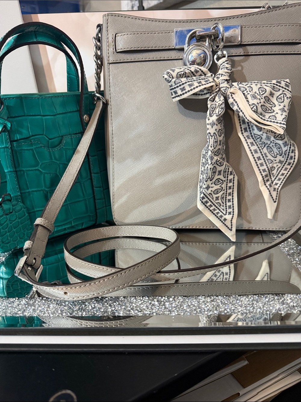 Michael Kors Neutral Taupe Crossbody Bag with Paisley Scarf Accent